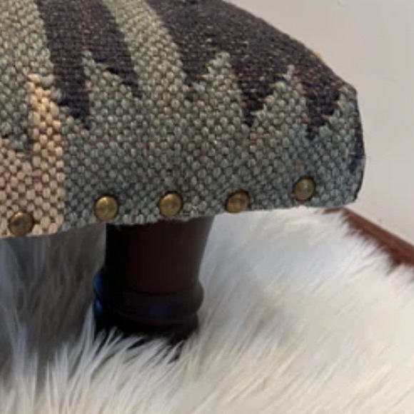 FOOTSTOOL ~ Geometric Patterned Footstool w/Nailhead Rivet Accents Wooden Feet - Picture 4 of 7
